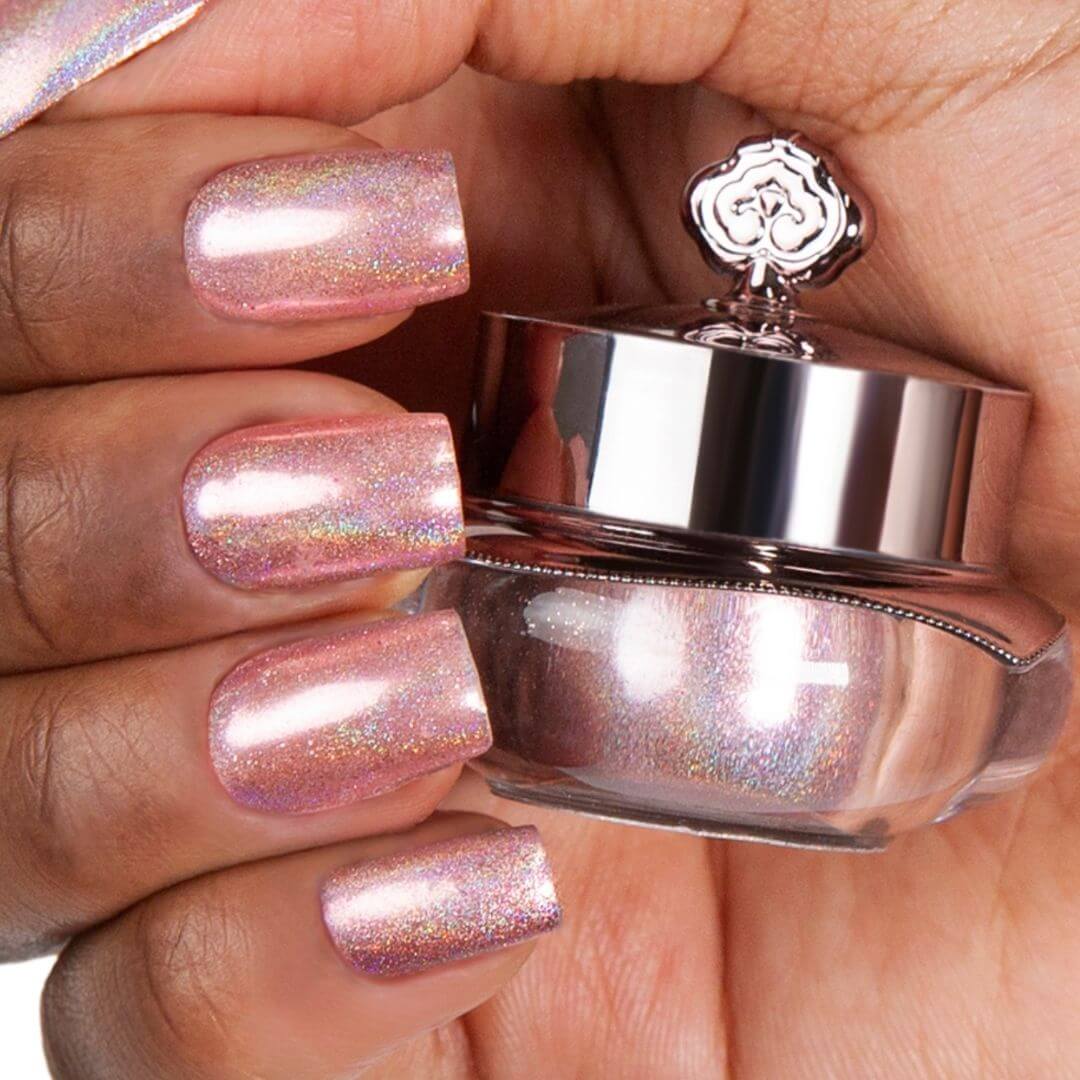 Holographic shade, shimmering rose gold colour